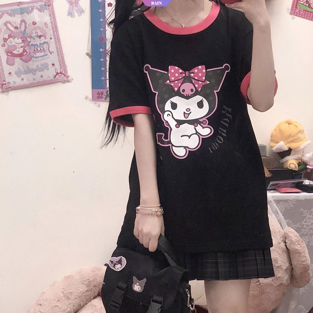 SANRIO Áo Thun Tay Ngắn Cổ Tròn In Hình Nhân Vật Hoạt Hình Kuromi Dễ Thương Cho Nữ