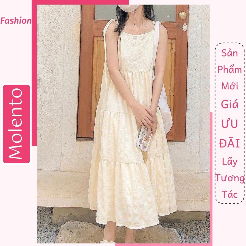 Váy 2 Dây Babydoll Dáng Dài Xòe Buộc Nơ Vai 3 Tầng Chất Đũi Mềm Mặc Đi Chơi Cực Xinh Form Rông Dưới 60kg Molento M85