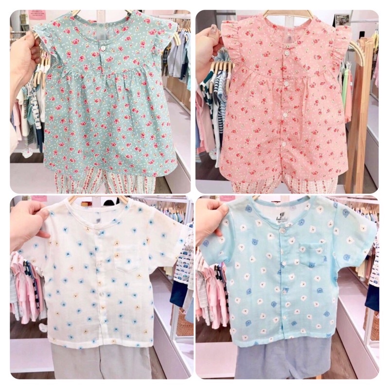 Bộ cộc tay bé trai, gái bổ nẹp/cài giữa Poplin Lullaby NHT06B