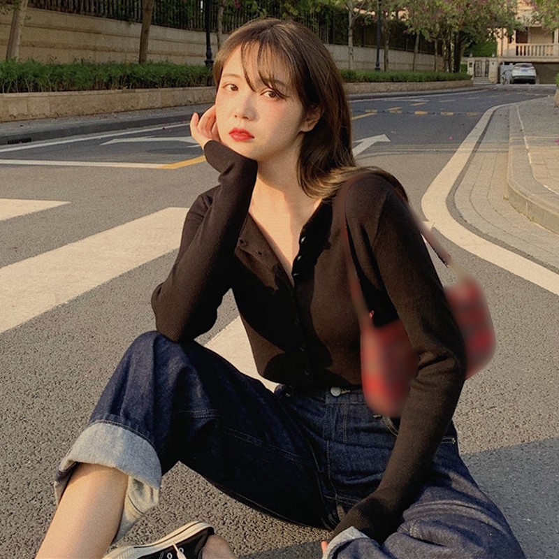 Áo Cardigan Tay Dài Cổ Tròn Thiết Kế Ôm Sát Tôn Dáng