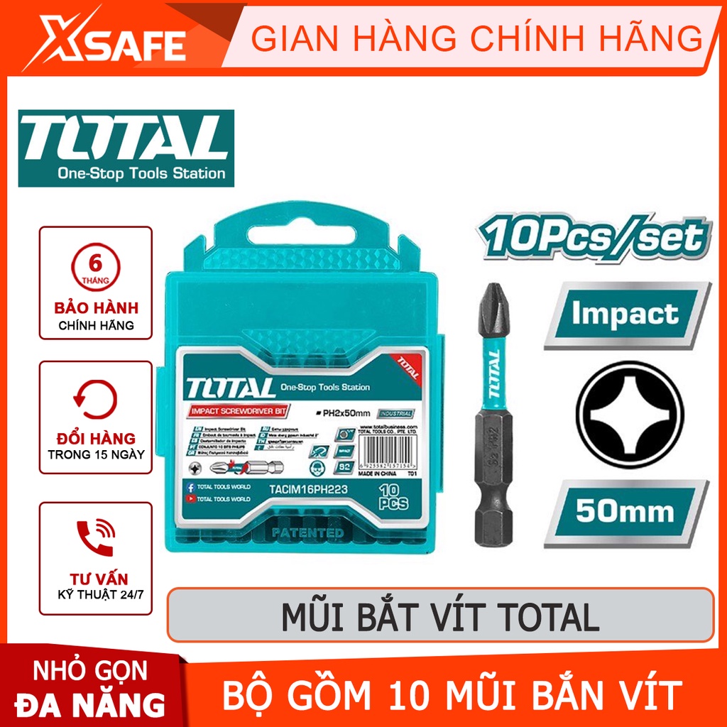 Bộ mũi bắt vít có từ TOTAL TACIM16PH223 | bộ 10 mũi siết vít PH2x50mm thép công nghiệp S2 tháo, siết vít nhanh chóng hơn