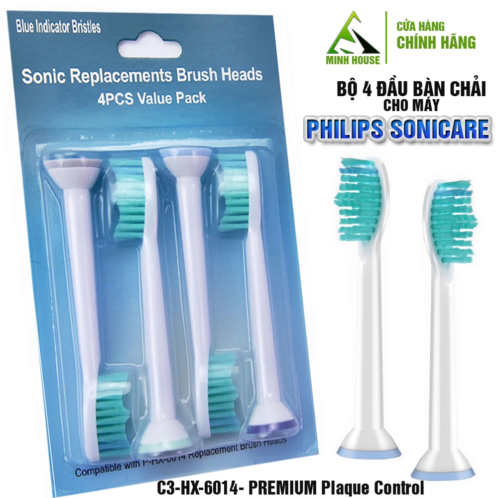 Cho máy Philips Sonicare, C3/HX-6014 - PREMIUM Plaque Control,  Bộ 4 đầu bàn chải đánh răng điện Minh House