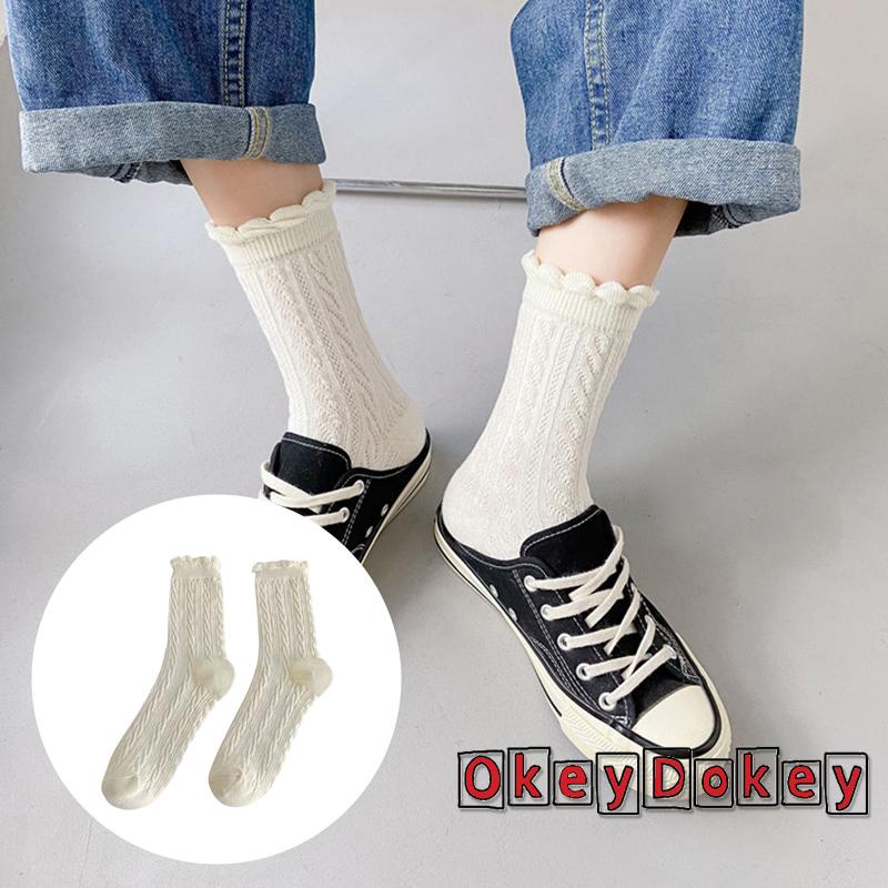 Tất cotton ống cao trung bình phối ren thấm hút mồ hôi thời trang thu đông cho nữ