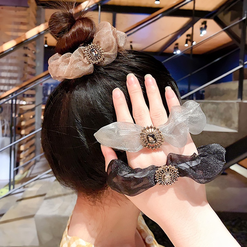 Dây buộc tóc Haimeikang bằng vải organza bản lớn đính đá phong cách retro thời trang cho nữ