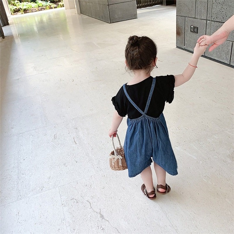Quần Yếm Denim Ống Rộng Thời Trang Mùa Hè Hàn Quốc Mới Cho Bé Gái