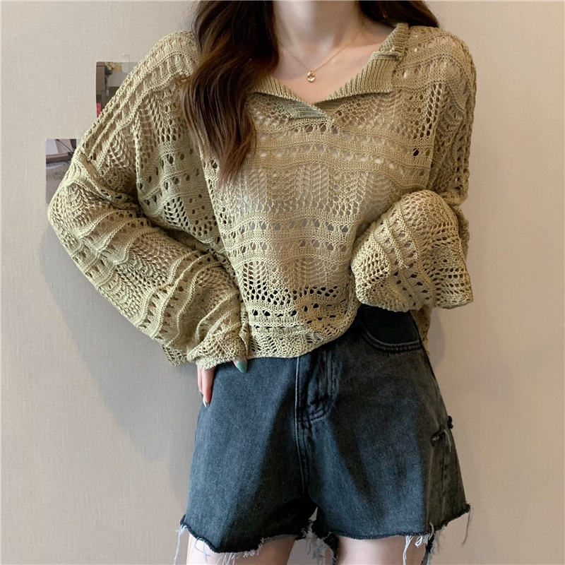 【ZHELIHANGFEI】Áo Dệt Kim Tay Dài Cổ Chữ V Dáng Rộng Xinh Xắn Thời Trang