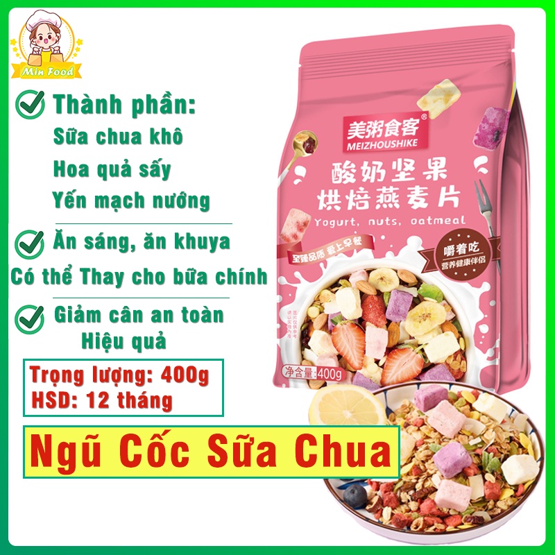 Ngũ cốc sữa chua hoa quả mix các loại hạt sấy gói 400gr màu hồng nhạt ngũ cốc ăn kiêng giảm cân hiệu MEIZHOUSHIKE