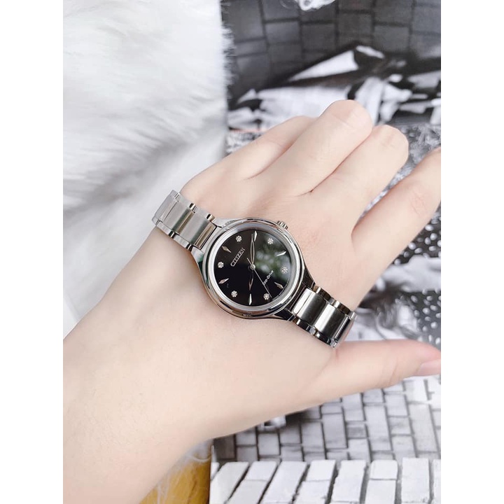 Đồng hồ nữ Citizen FE2100-51E dây bạc, mặt đen - Size 29mm