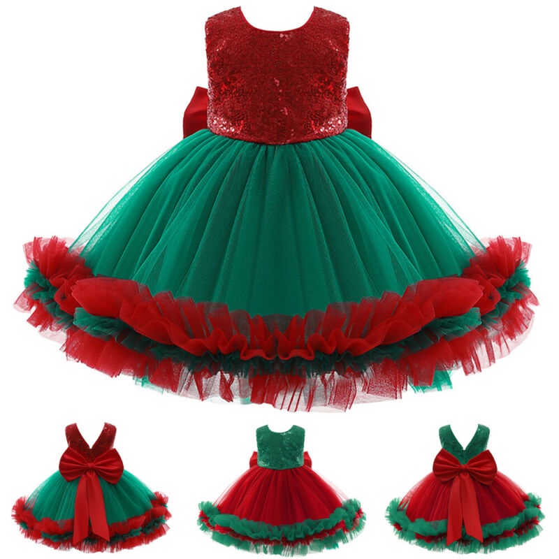 Đầm công chúa không tay hở lưng phối nơ phong cách giáng sinh cho bé gái