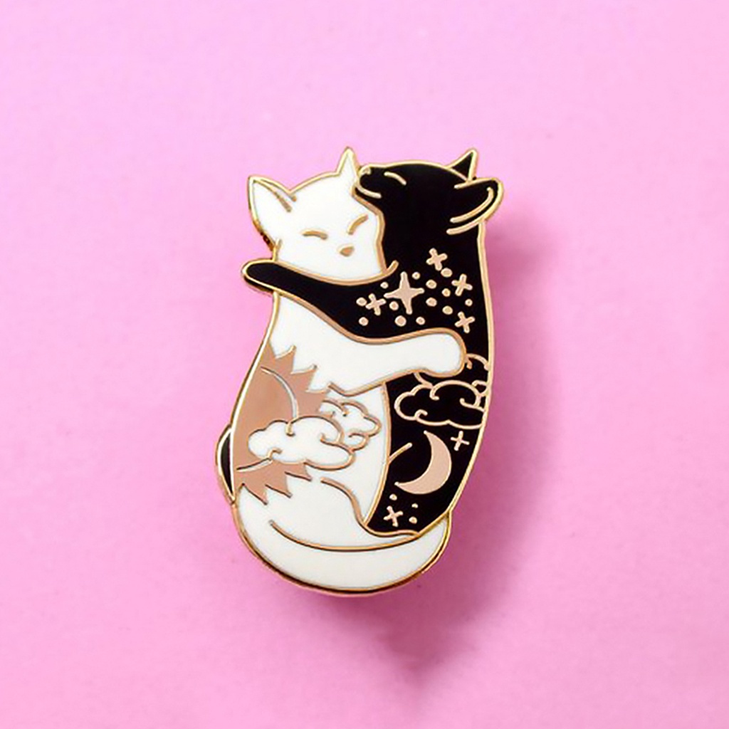 YOML✔Cute Black White Hugging Cat Enamel Brooch Pin Denim Jacket Collar Badge Gift