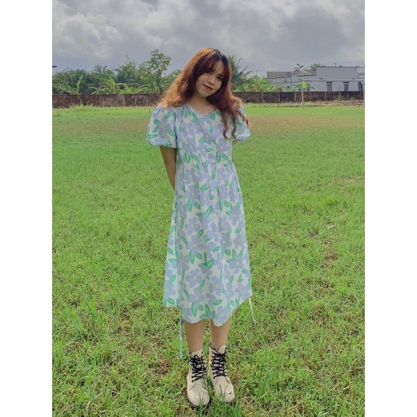 Váy babydoll tay phồng dáng dài, Đầm babydoll hoa nhí cổ tròn phong cách tiểu thư Ulzzang tay ngắn