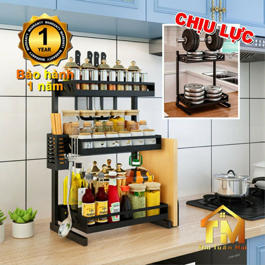 KỆ GIA VỊ - kệ 2 tầng -3 tầng cao cấp đủ giỏ đựng đũa thìa. Dao thớt chất liêuh thép cao cấp không gỉ sơn tĩnh điện