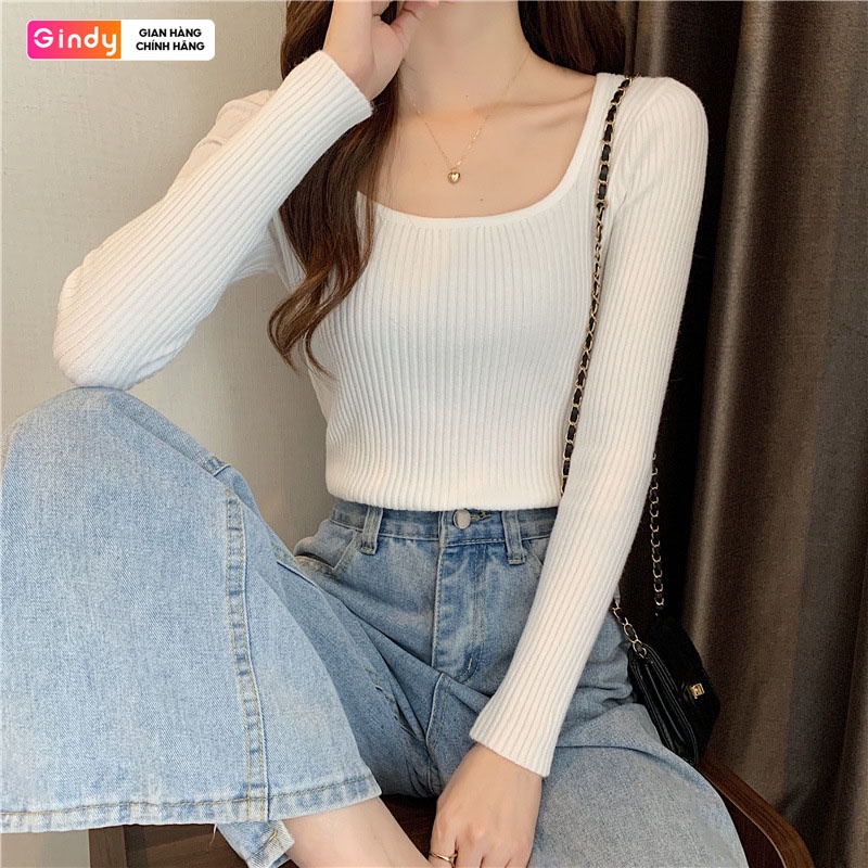 Áo len tăm nữ GINDY cổ vuông trơn dáng ôm dài tay co giãn thời trang thu đông A1102