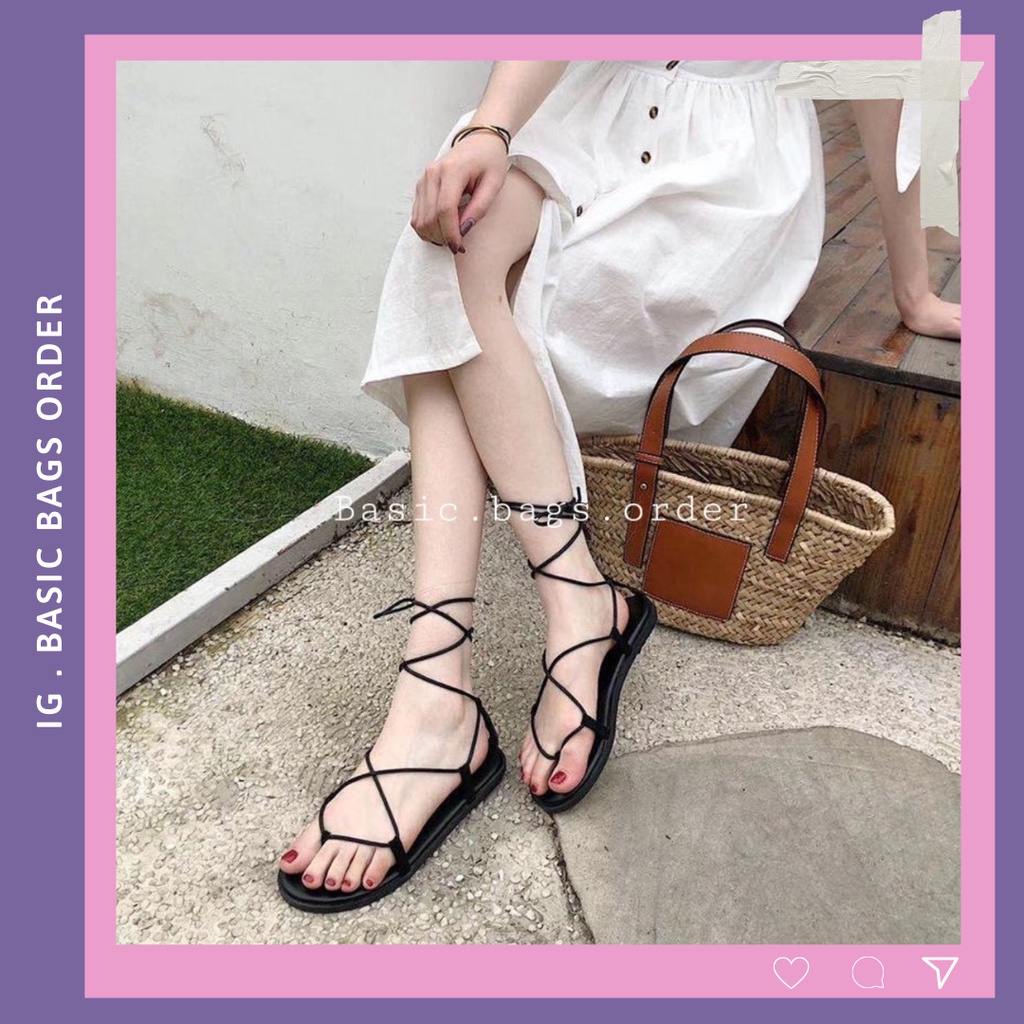 Sandal chiến binh nữ cột 2 dây mảnh đan chéo đế bệt 2 màu đen và nâu