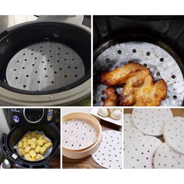 100 tờ Giấy nến đục lỗ , Giấy tròn lót xửng hấp, nồi chiên không dầu, hấp bánh bao tiện dụng