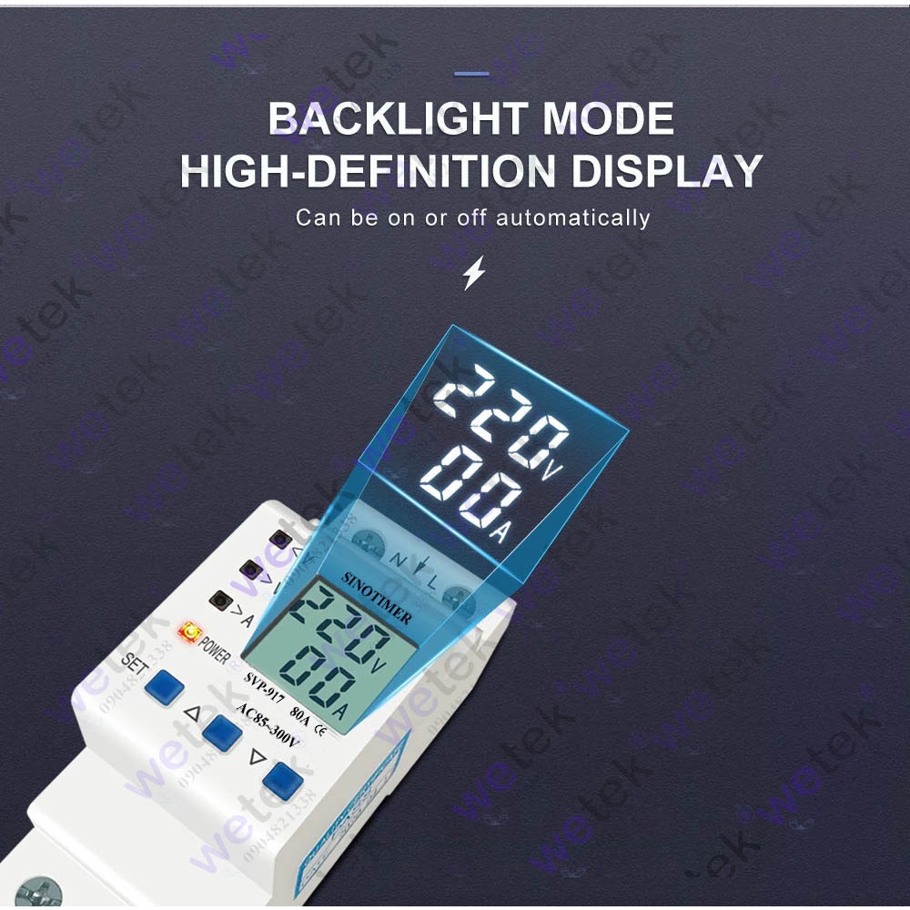 SVP-917 Công tơ kiêm bảo vệ điện áp, dòng điện, LCD, 9999.9kWh , 85~300Vac, 1~80A, đo V A kWh kW, Sinotimer