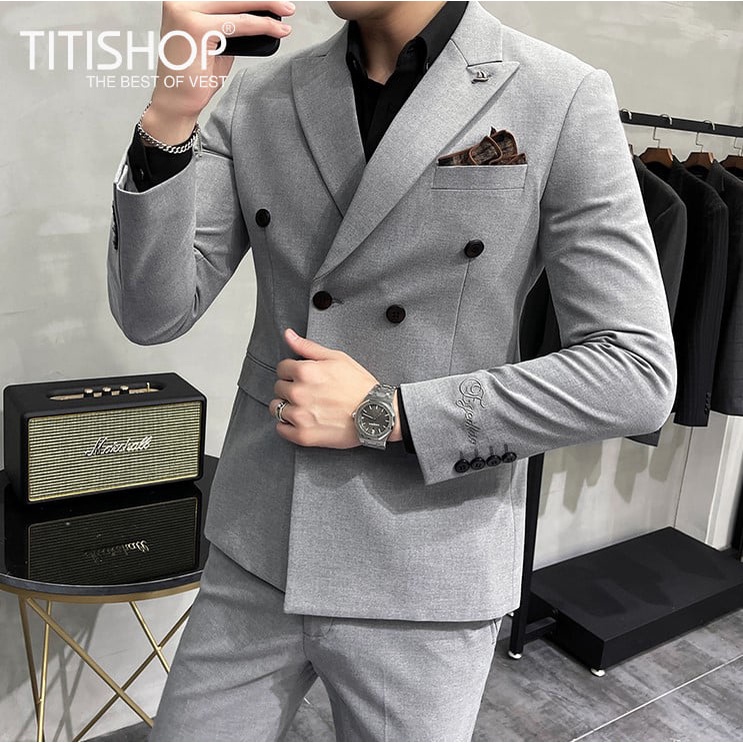 Vest Nam đẹp 6 cúc màu ghi xám, Áo Blazer nam phong cách Hàn Quốc