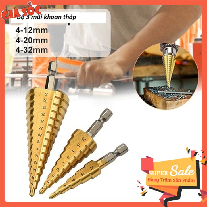 Bộ 3 mũi khoan sắt, nhôm, tôn tháp tầng phủ titan siêu cứng