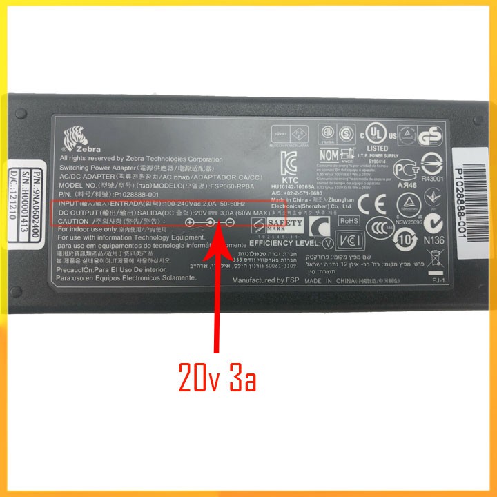 Adapter nguồn Zebra 20v 3a bảo hành 12 tháng