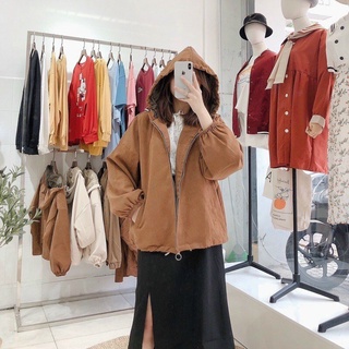 Áo khoác trơn phom rộng chất da lộn/ Áo khoác da lộn 2 lớp có mũ trùm đầu