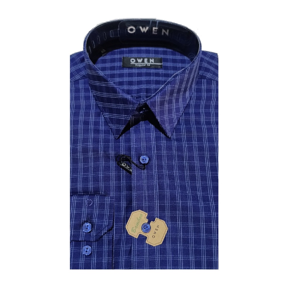 Áo Sơ Mi Nam Dài Tay Owen AR22747D Somi Công Sở Cao Cấp Màu Kẻ Caro Xanh Đậm Dáng Suông Không Túi Chất Sợi Tre Mềm Mát