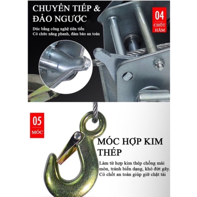 Tời quay tay 800LBS, tời kéo tay tải kéo 320Kg, tải nâng < 150kg, Có Cáp 4ly dài 6 Mét tặng kèm bản mã
