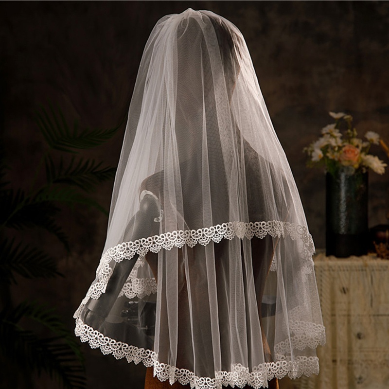 Mạng Che Mặt Hai Lớp Bằng Vải Tuyn Trắng Phối Ren Cho Cô Dâu Chụp Ảnh Hóa Trang