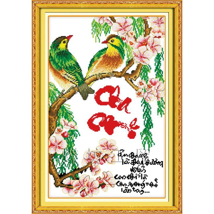 Tranh thêu chữ thập Thư Pháp Cha Mẹ Cành Liễu 222583 (tranh tự thêu) kt:39x55cm