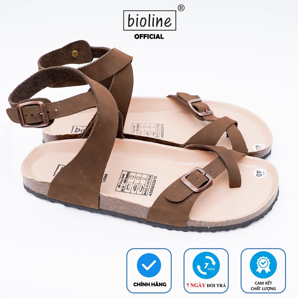 DK16 - Sandal Đế Trấu BIOLINE Official Quai Da Bò Chéo Cổ Chân Xỏ Ngón Lót Pu Kem Chống Nước