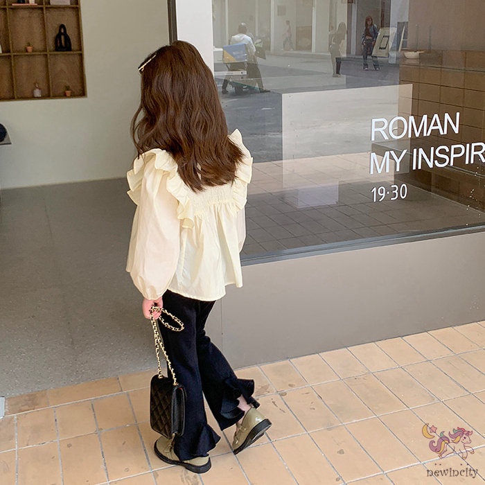 Set Áo Kiểu Tay Bèo + Quần Skinny Phong Cách Hàn Quốc Cho Bé Gái