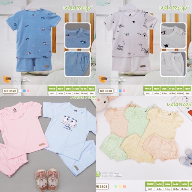 Bộ cộc tay uala rogo cài vai chui đầu chất cotton vải thủng, hoạ tiết modal, bộ bé gái cotton 2020