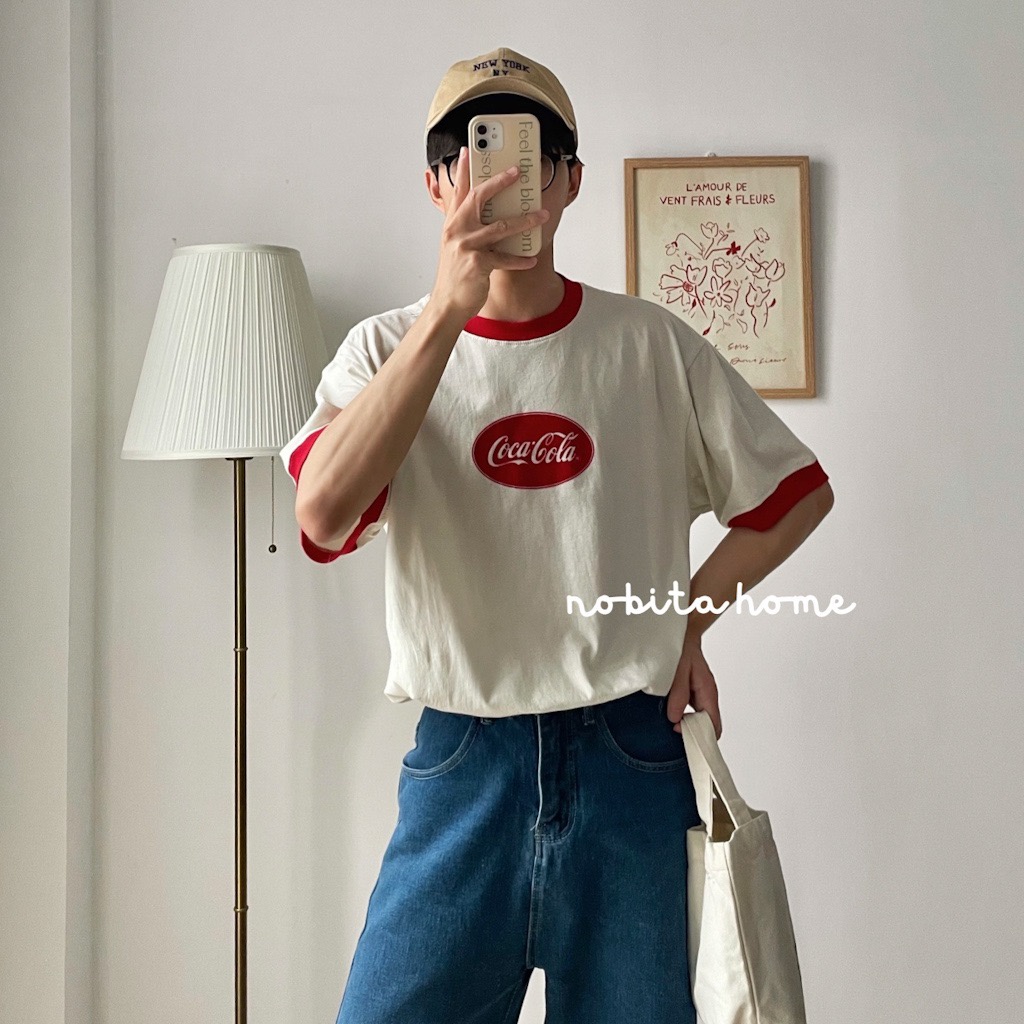NOBITA HOME - Áo thun tay ngắn viền cổ và tay phong cách vintage 7739