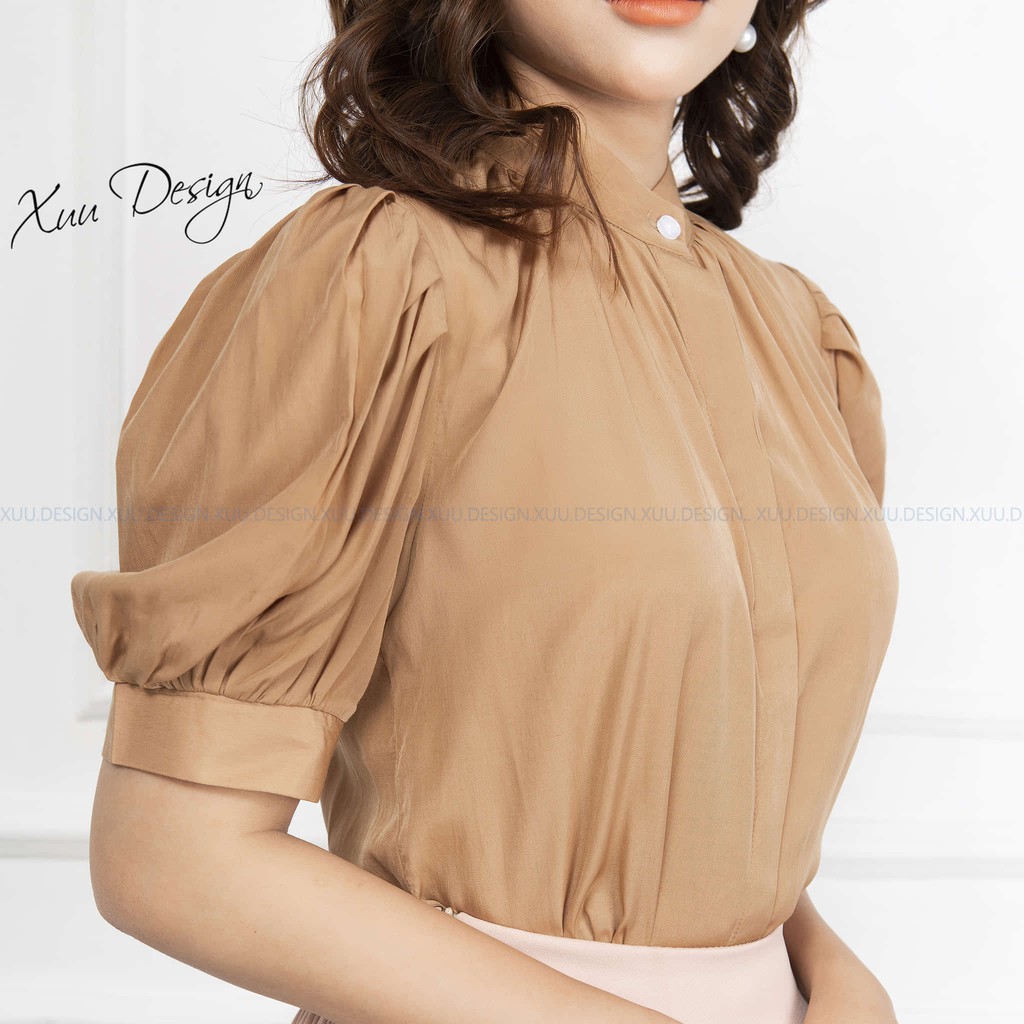 Áo sơ mi nữ công sở tay lửng cổ tàu Xuu, thiết kế tay bồng xếp ly SP37