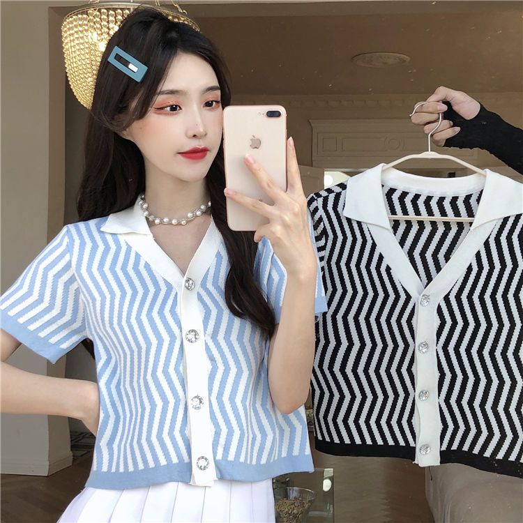 Áo cardigan Dệt Kim Mỏng Cổ POLO Ngắn Tay Họa Tiết Kẻ Sọc Cho Nữ JL-TX-514