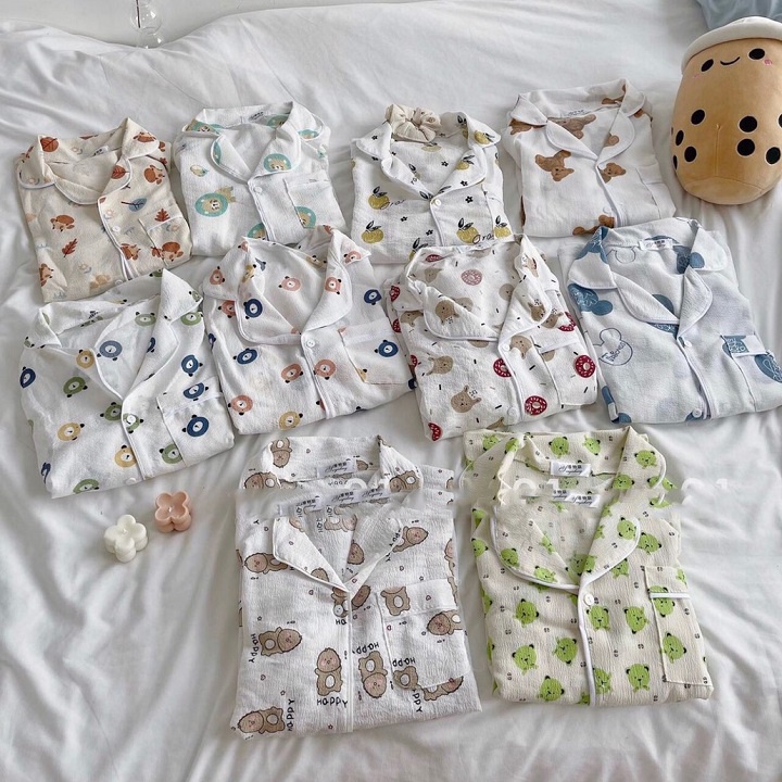 Bộ đồ pijama họa tiết chất đũi xốp kèm dây buộc tóc scrunchie siêu xinh - Mono Boutique