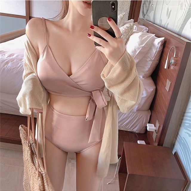 Bộ bơi nữ , bikini 2 mảnh buộc eo hồng nude