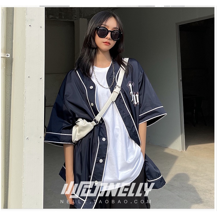 Áo sơ mi bóng chày  UNISEX rộng thụng phong cách Hàn Quốc