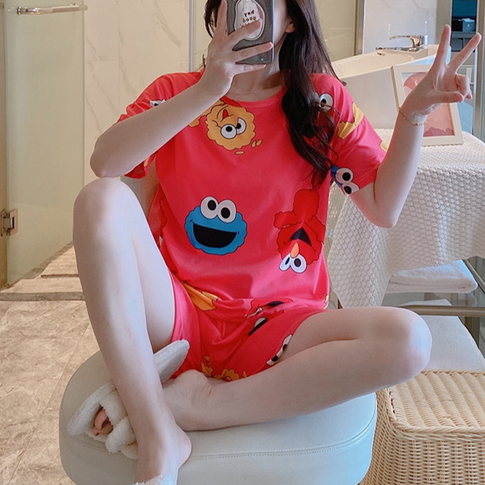 Bộ Đồ Ngủ Áo Thun Tay Ngắn + Quần Short Họa Tiết Hoạt Hình Thoáng Khí Thời Trang Mùa Hè Cho Nữ