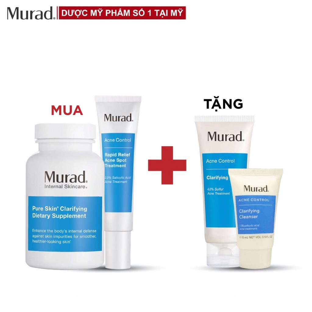 Viên uống giảm mụn Murad Pure Skin 120 viên +Gel mụn Rapid Relief Acne 15ml TẶNG Srm Clarifying 15ml+Clarifying Mask 75g