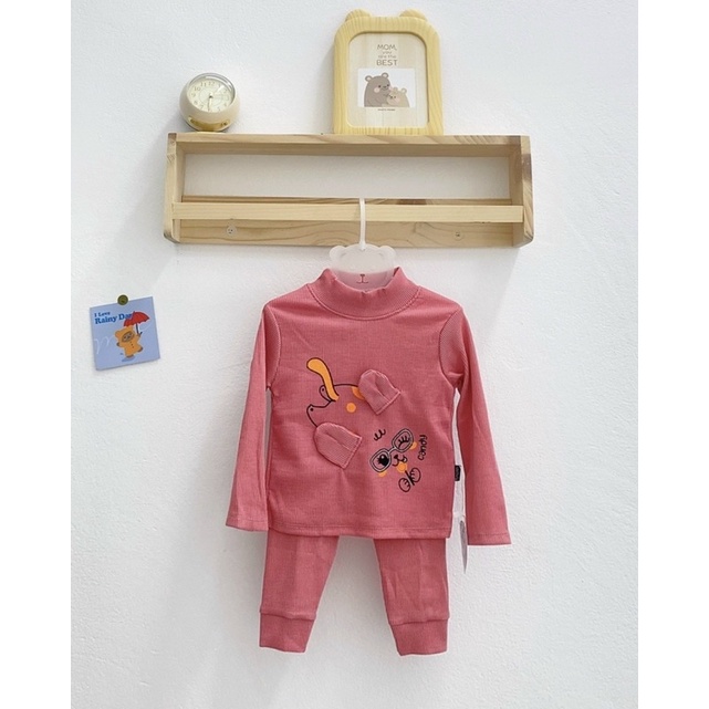 NT074 Đồ bộ dài tay thu đông Mimonri chất thun tăm dày dặn cổ cao 3 phân họa tiết tai thú cho bé