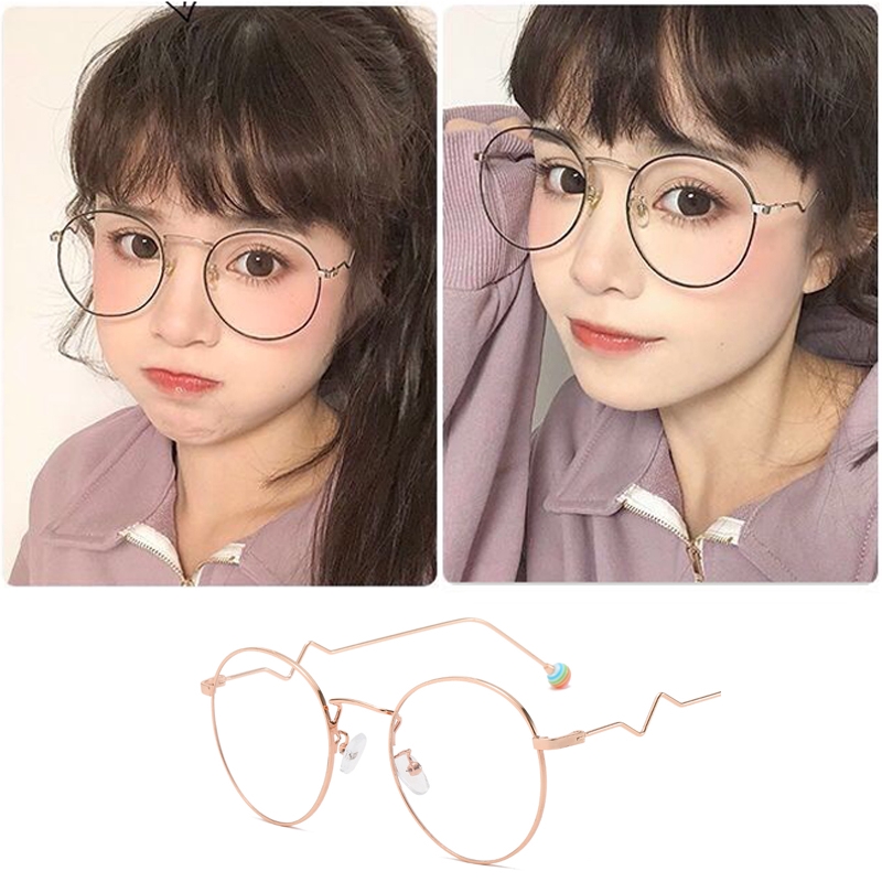Ladies Fashion Glasses Frame Round Flat Light Candy Glasses Woman Sweet Cute Wavy Leg Metal Retro Eyewear
