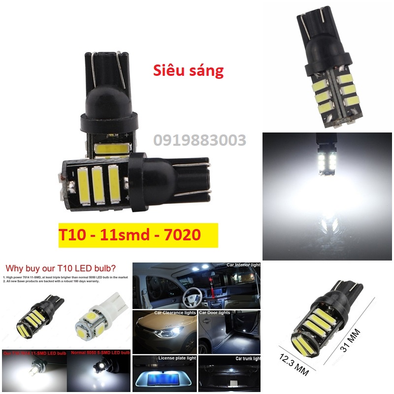 Set 2 Bóng LED T10 đèn xi nhan, đèn demi xe máy đèn trần ô tô 11 chip smd 7020