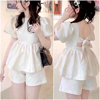 Bộ đồ nữ hàn quốc MSE129, bộ nữ babydoll tay bồng cổ vuông xòe peplum kết hợp quần sooc