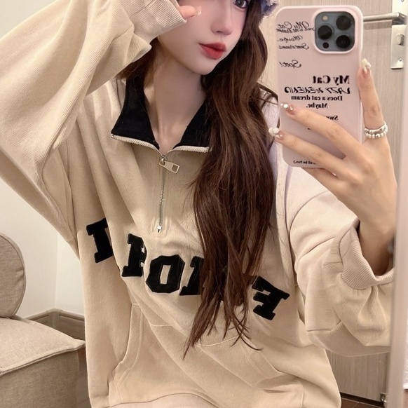 Áo thun polo ZHELIHANGFEI tay dài cổ có khóa kéo thêu họa tiết phong cách preppy thời trang cho nữ