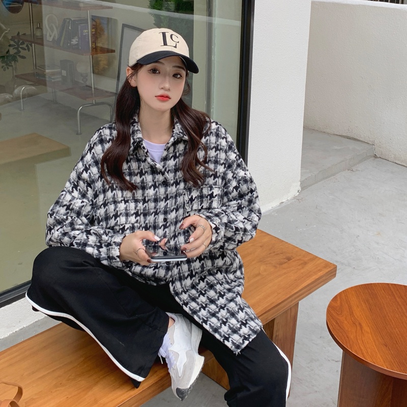 Áo Khoác Tay Dài Dáng Rộng Sọc Ca Rô Thời Trang Vintage Hàn Quốc Cá Tính