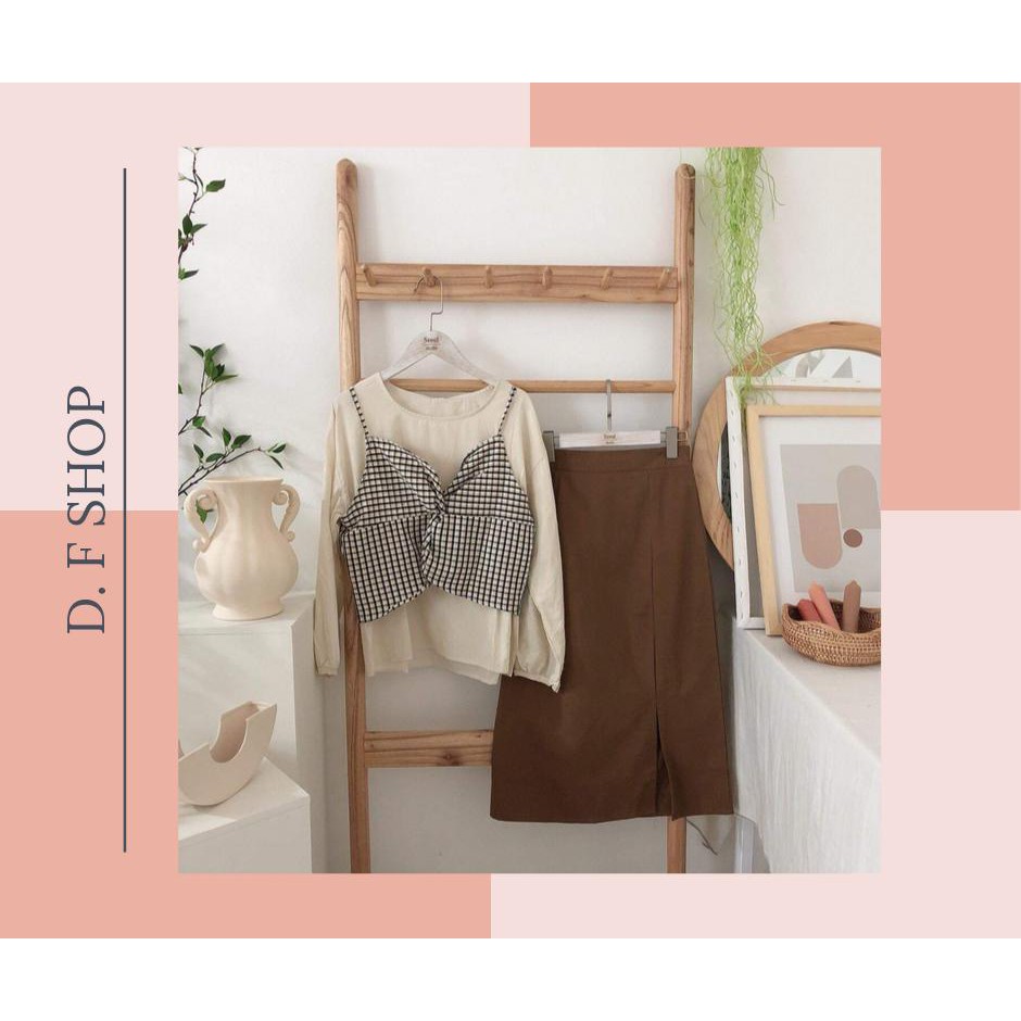 Set sơmi tay phồng kèm áo yếm caro