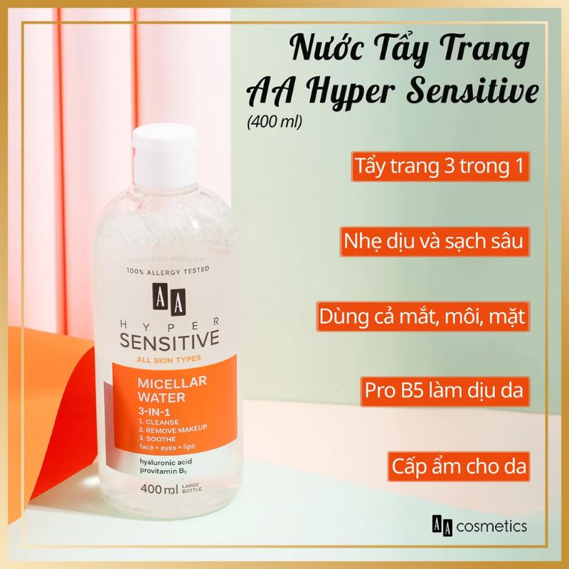 [MỸ PHẨM CHÂU ÂU CHÍNH HÃNG ] Nước Tẩy Trang 3in1 AA HYPER SENSITIVE - AA COSMETIC