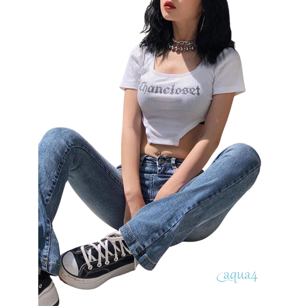 Áo croptop cổ vuông in chữ đính đá thời trang cho nữ