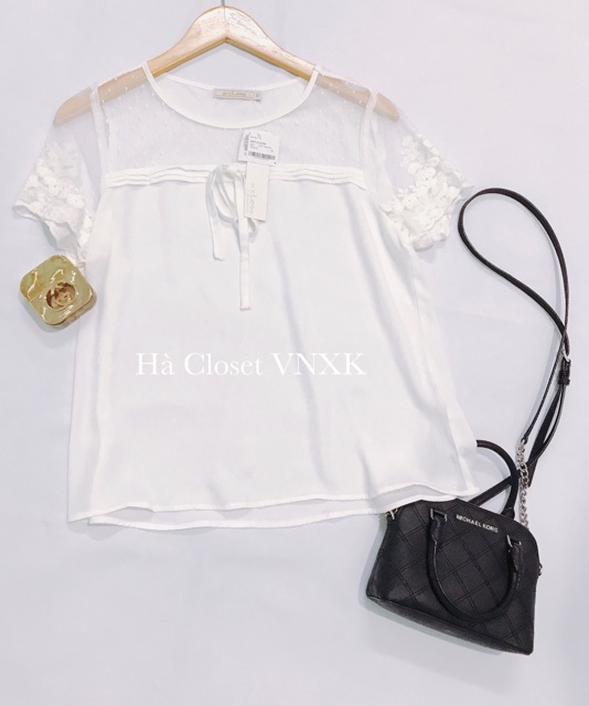 Áo Voan Trắng Tay Ngắn Phối Ren- Hàng VNXK