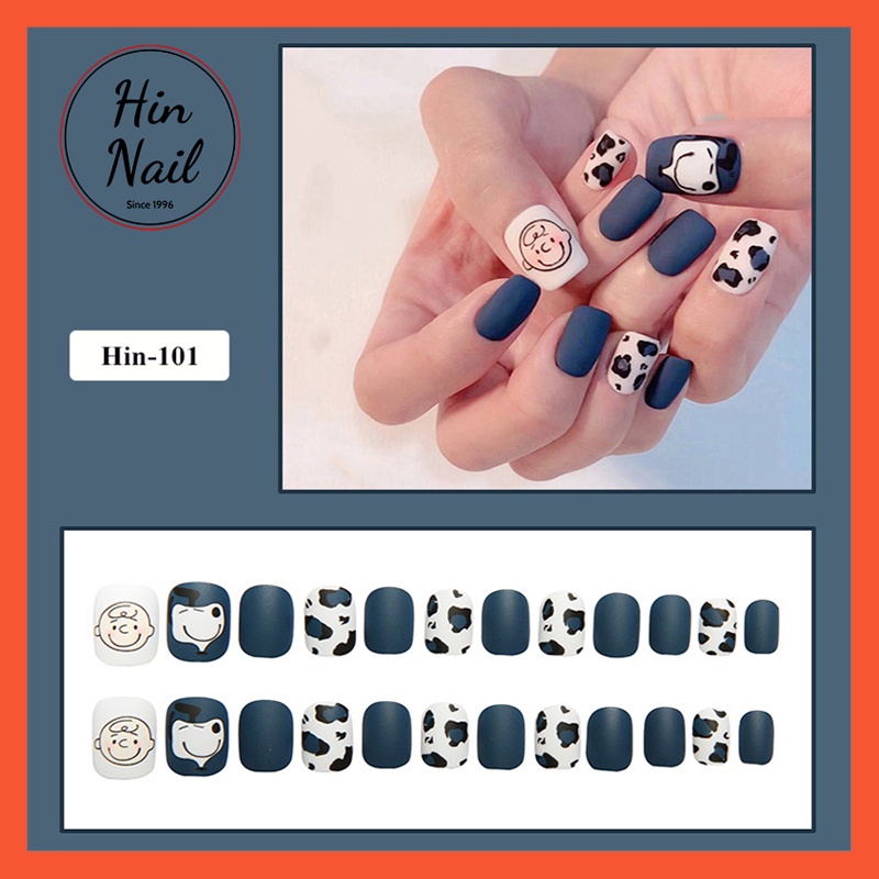 móng tay giả bò sữa 24 móng giả kèm keo sơn nhám họa tiết Hin Nail